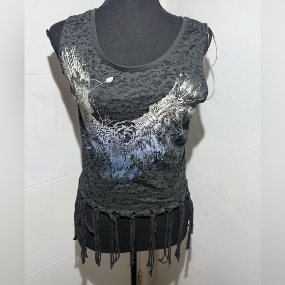 Rock & Republic Black and Gray Graphic Fringe Tank Top - Picture 2 of 9